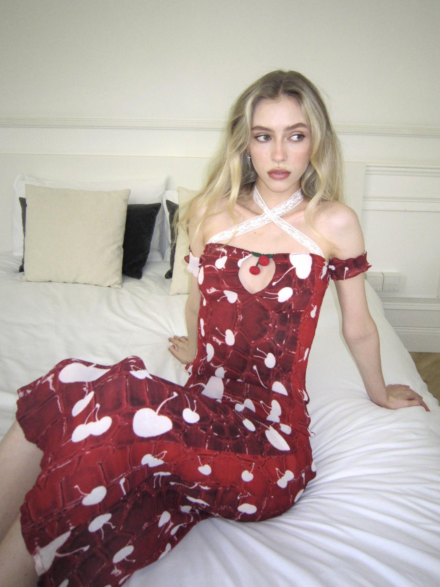 Chipchipshop Red Cherry Original Print Ruched Stretch Women&