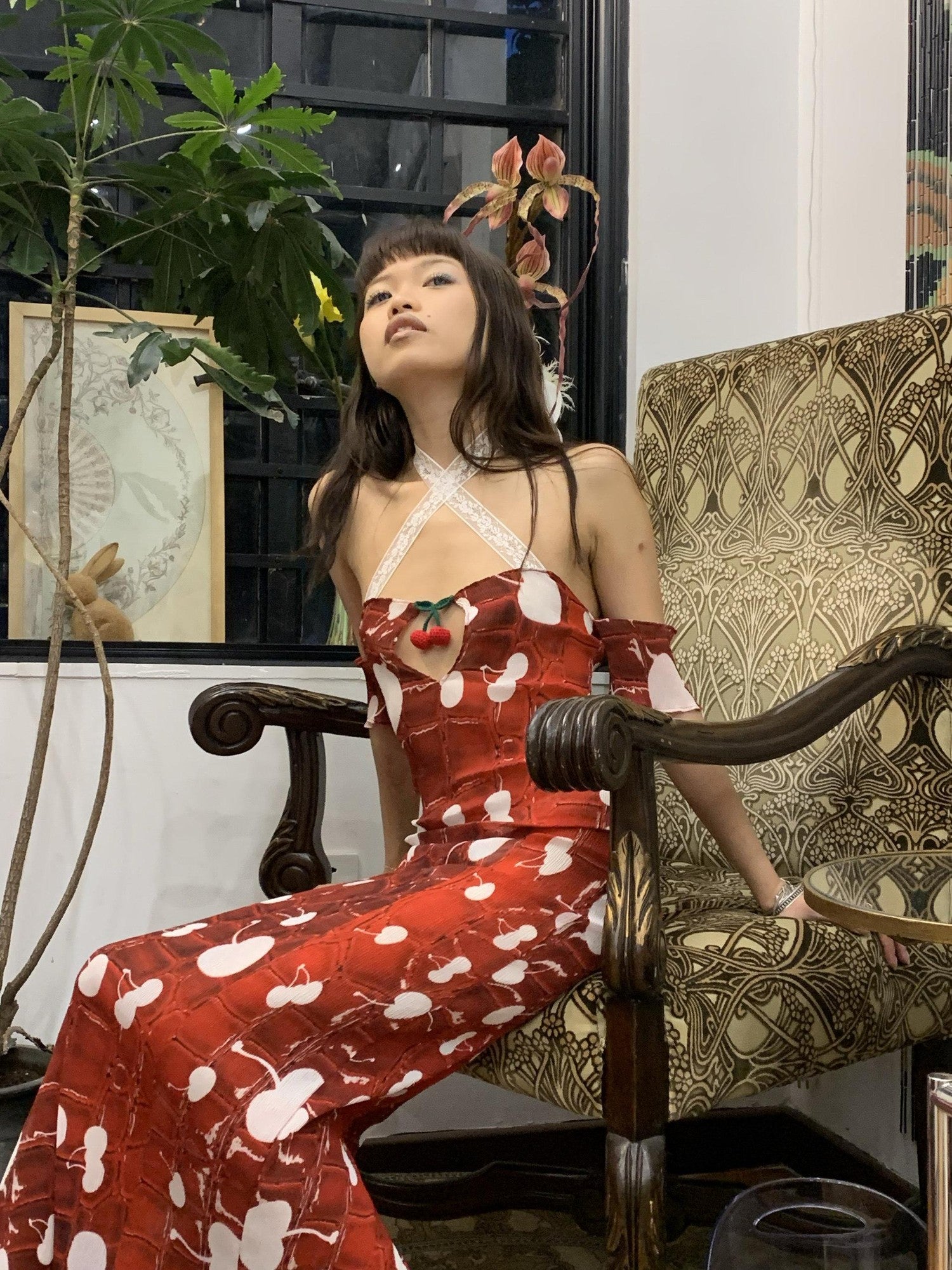 Chipchipshop Red Cherry Original Print Ruched Stretch Women&