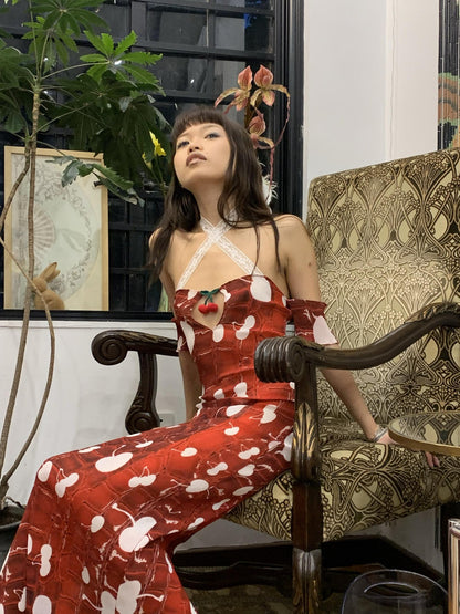 Chipchipshop Red Cherry Original Print Ruched Stretch Women&