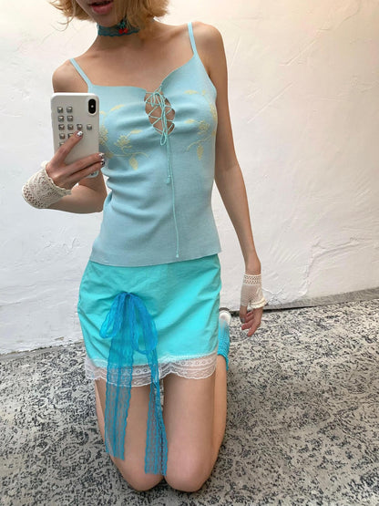 Chipchipshop Sea Green Spliced Lace Ruffle Low Waist Women&