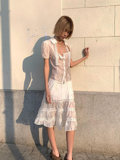 Chipchipshop Sheer Lace Panel Puff Sleeve Women&