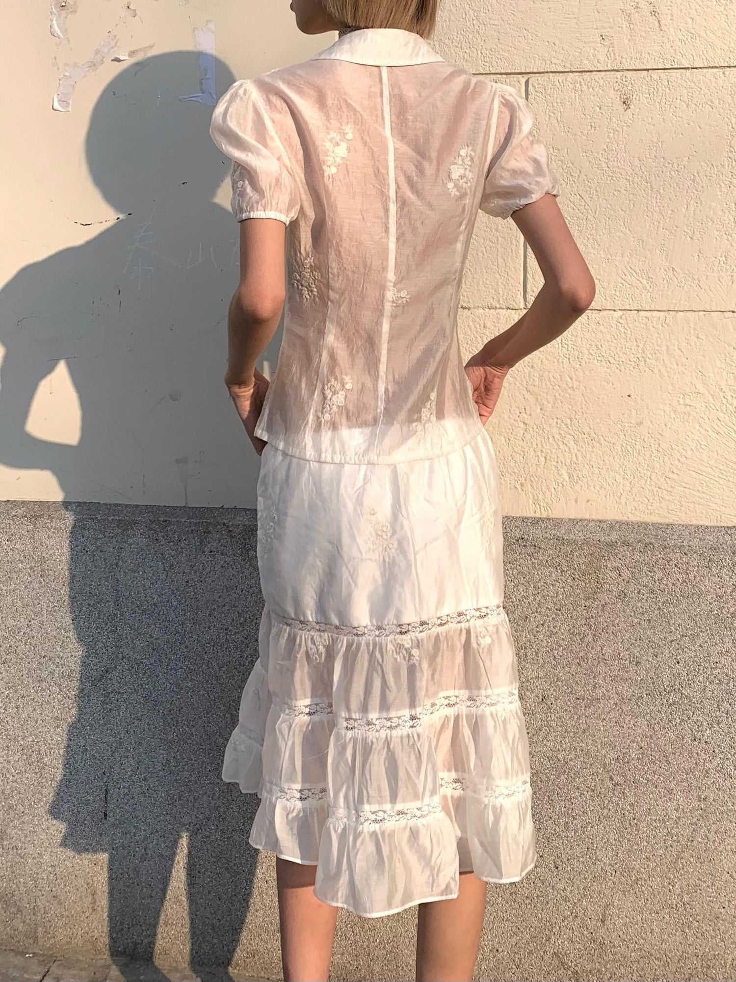 Chipchipshop Sheer Lace Panel Puff Sleeve Women&