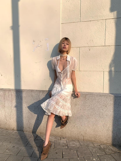 Chipchipshop Sheer Lace Panel Puff Sleeve Women&