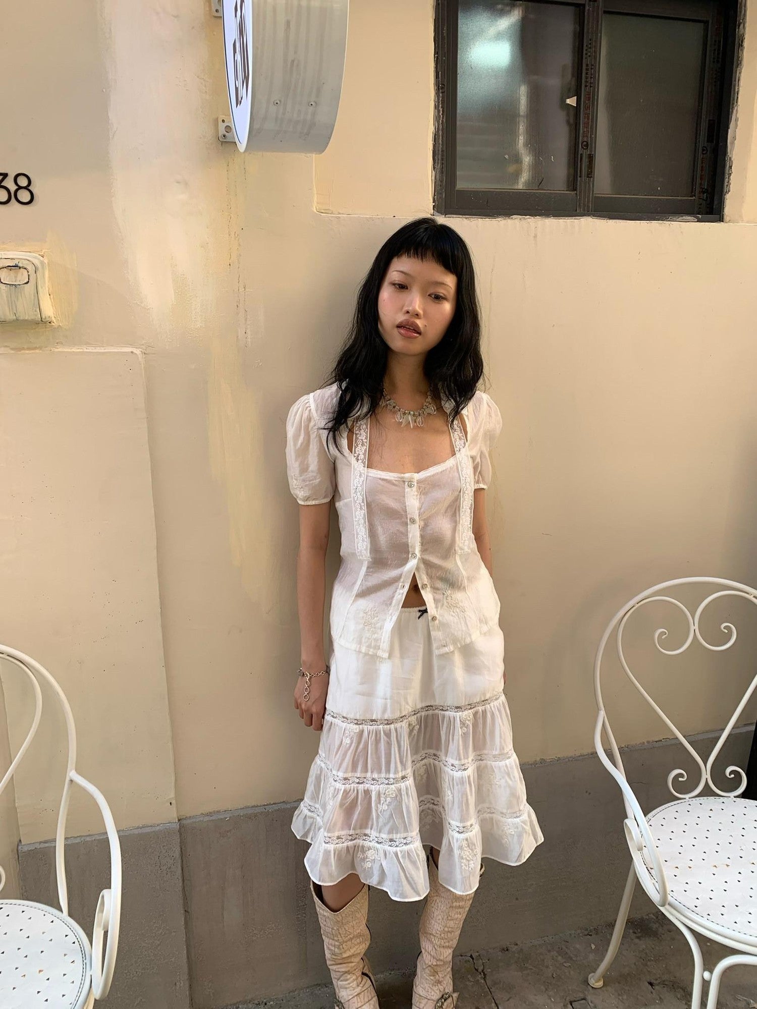 Chipchipshop Sheer Lace Panel Puff Sleeve Women&