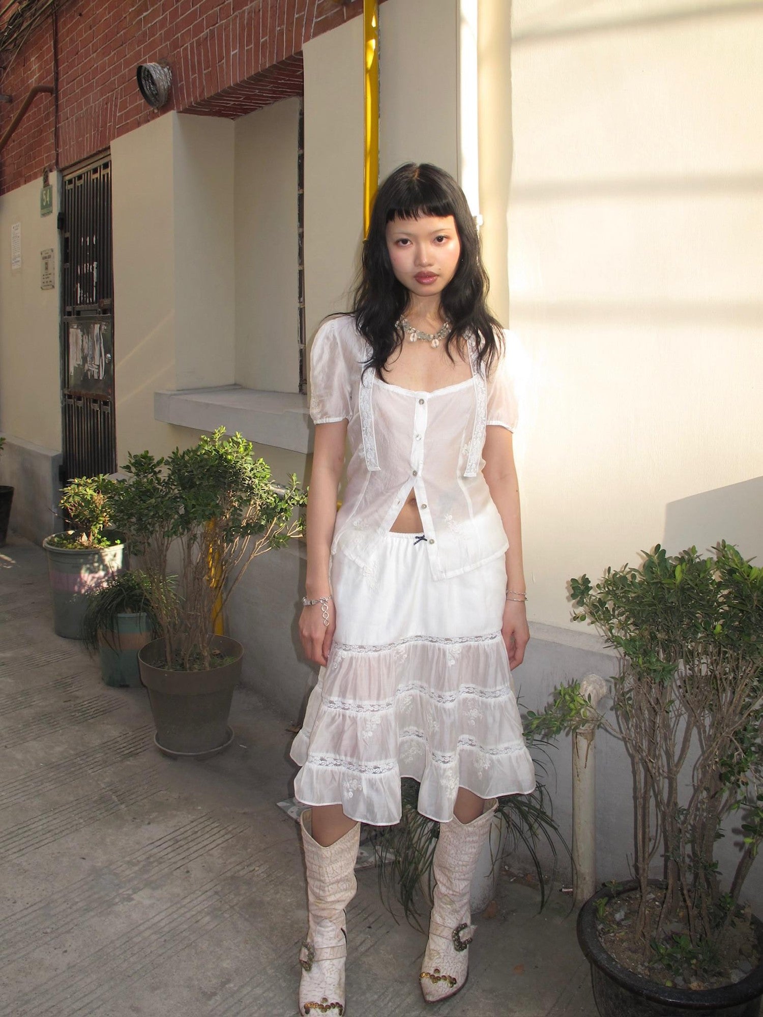 Chipchipshop Sheer Lace Panel Puff Sleeve Women&