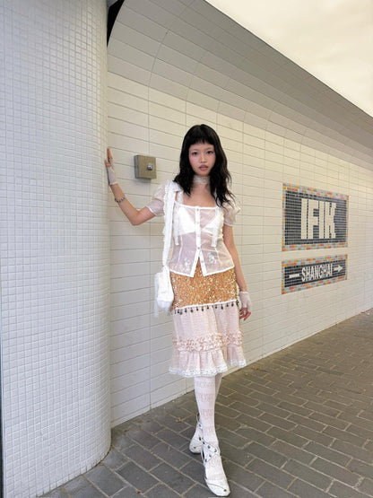 Chipchipshop Sheer Lace Panel Puff Sleeve Women&