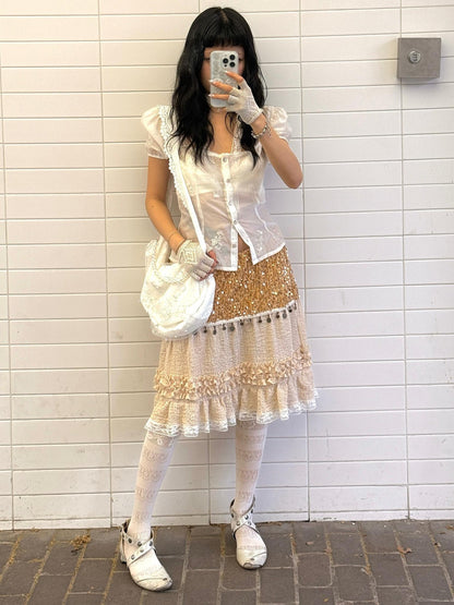 Chipchipshop Sheer Lace Panel Puff Sleeve Women&