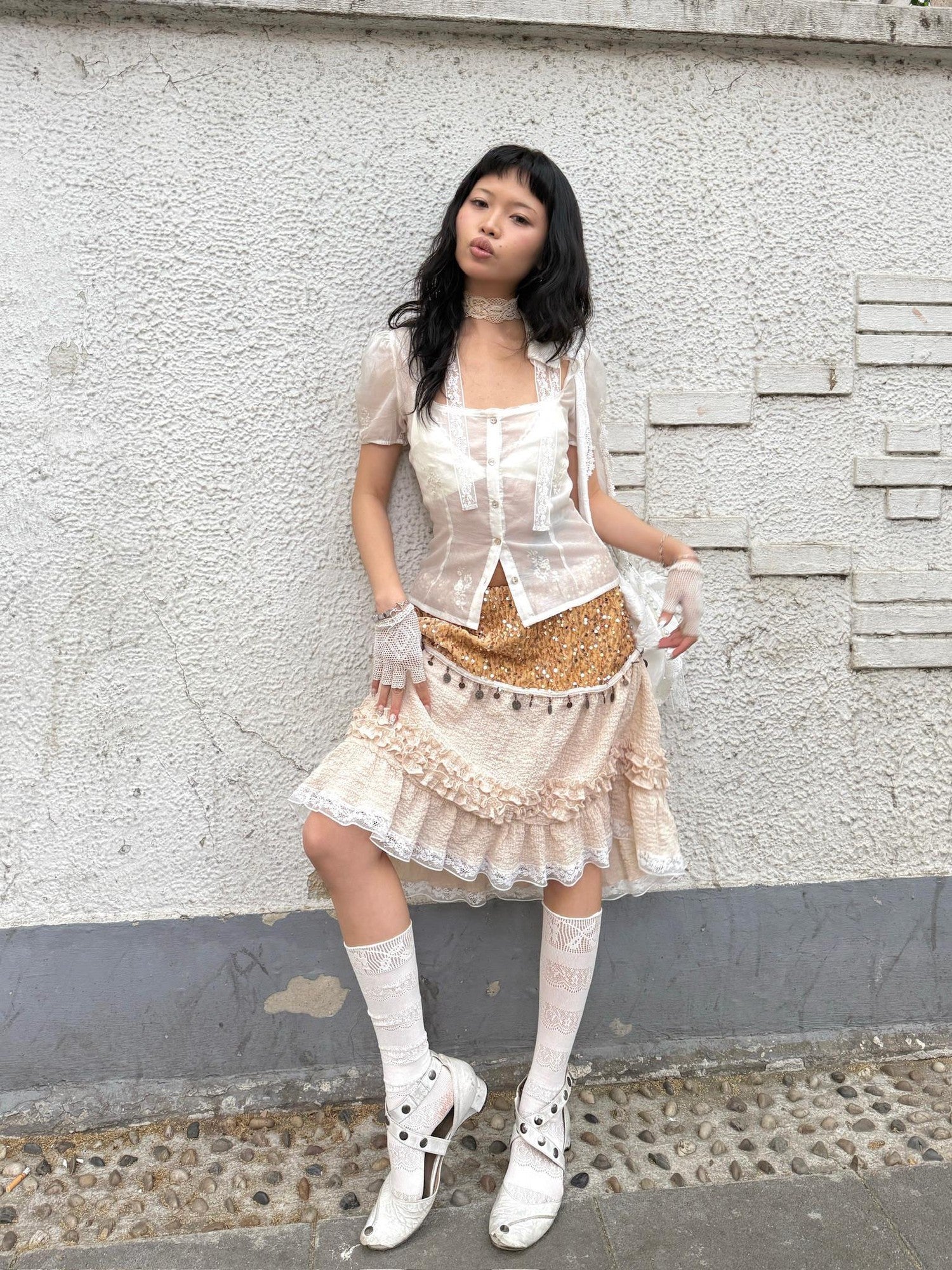Chipchipshop Sheer Lace Panel Puff Sleeve Women&