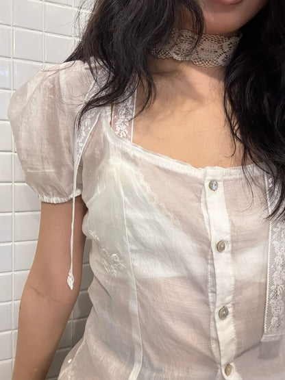 Chipchipshop Sheer Lace Panel Puff Sleeve Women&