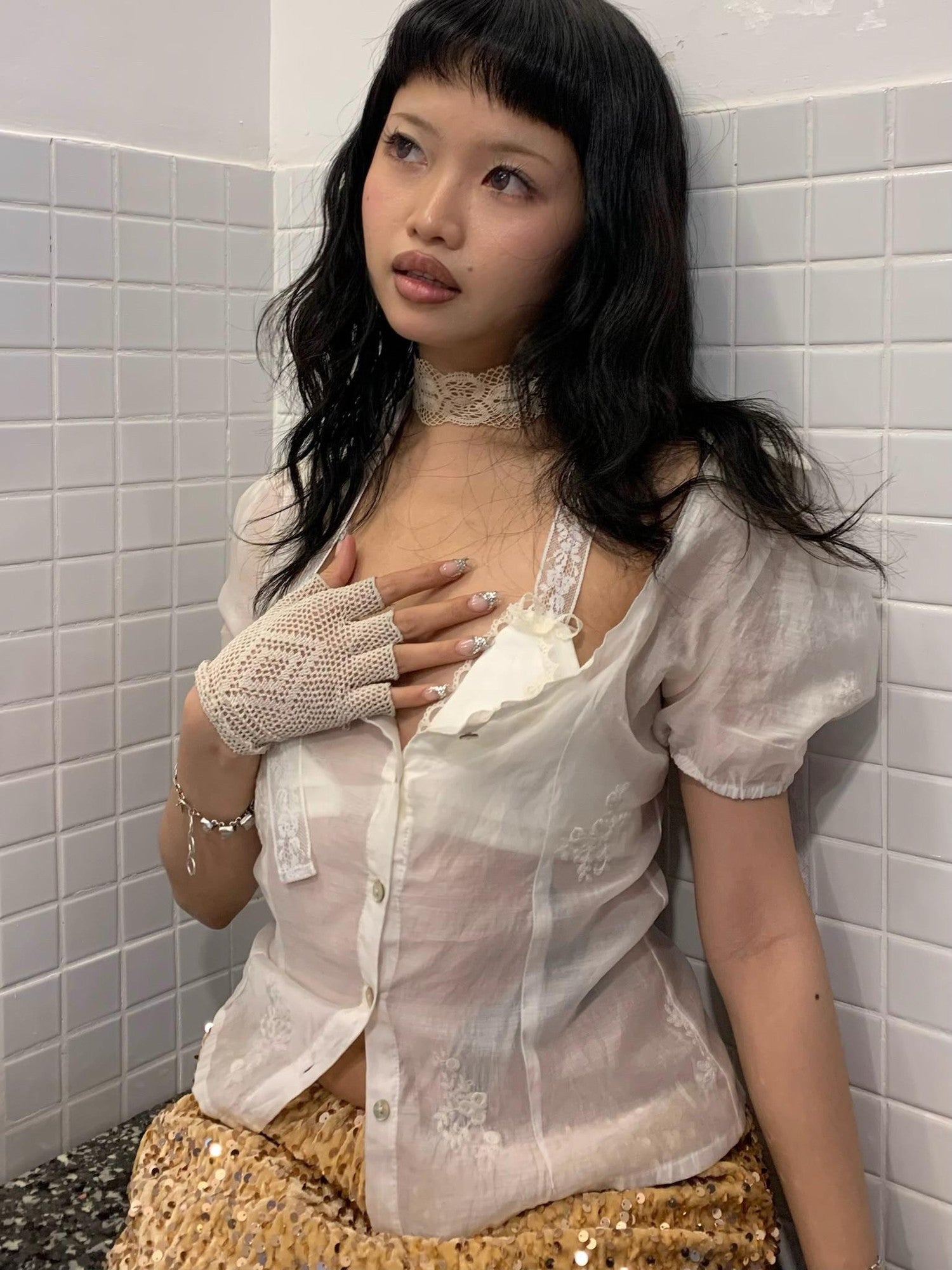 Chipchipshop Sheer Lace Panel Puff Sleeve Women&