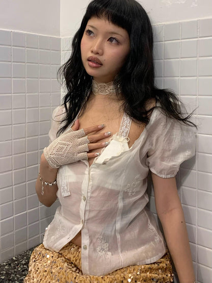 Chipchipshop Sheer Lace Panel Puff Sleeve Women&