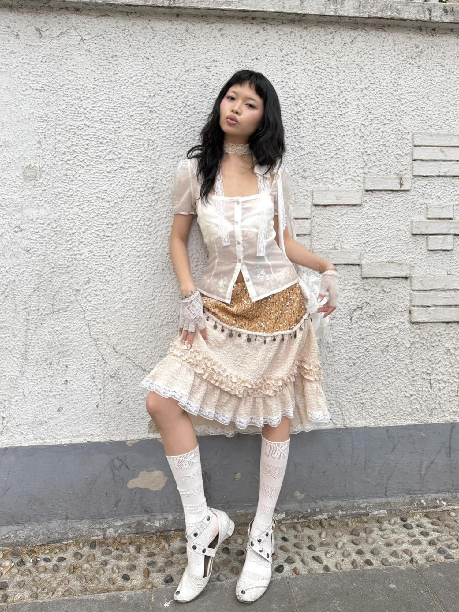 Chipchipshop Sheer Lace Panel Puff Sleeve Women&