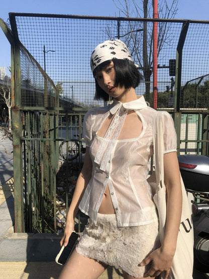 Chipchipshop Sheer Lace Panel Puff Sleeve Women&