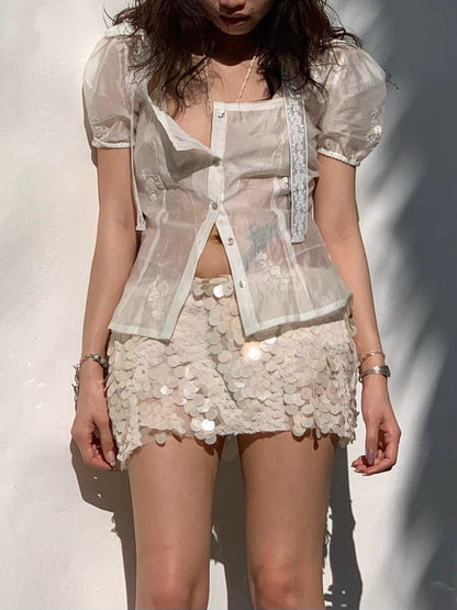 Chipchipshop Sheer Lace Panel Puff Sleeve Women&
