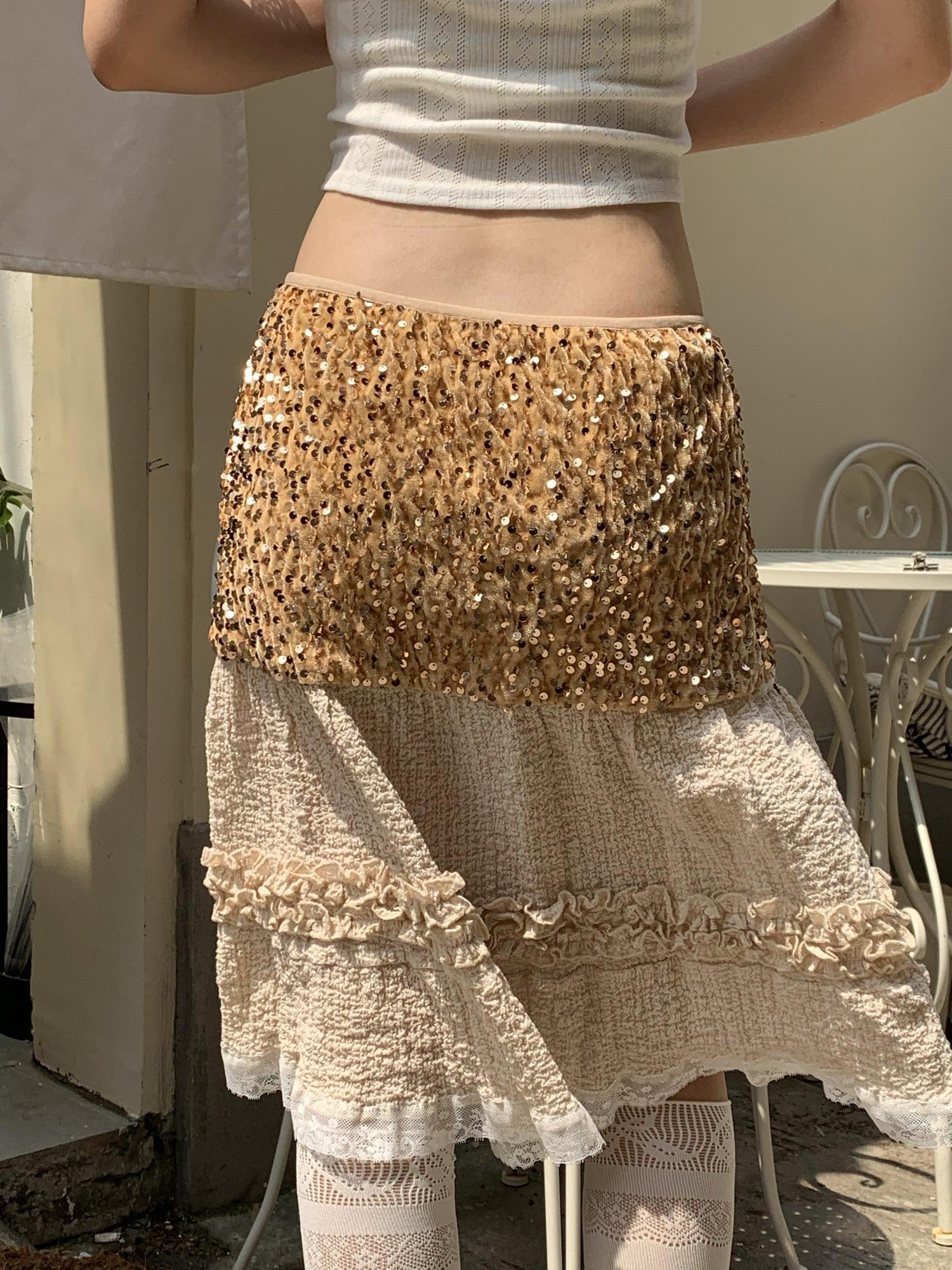 Chipchipshop Sparkling Sequin Lace Patchwork A Line High Waist Women&