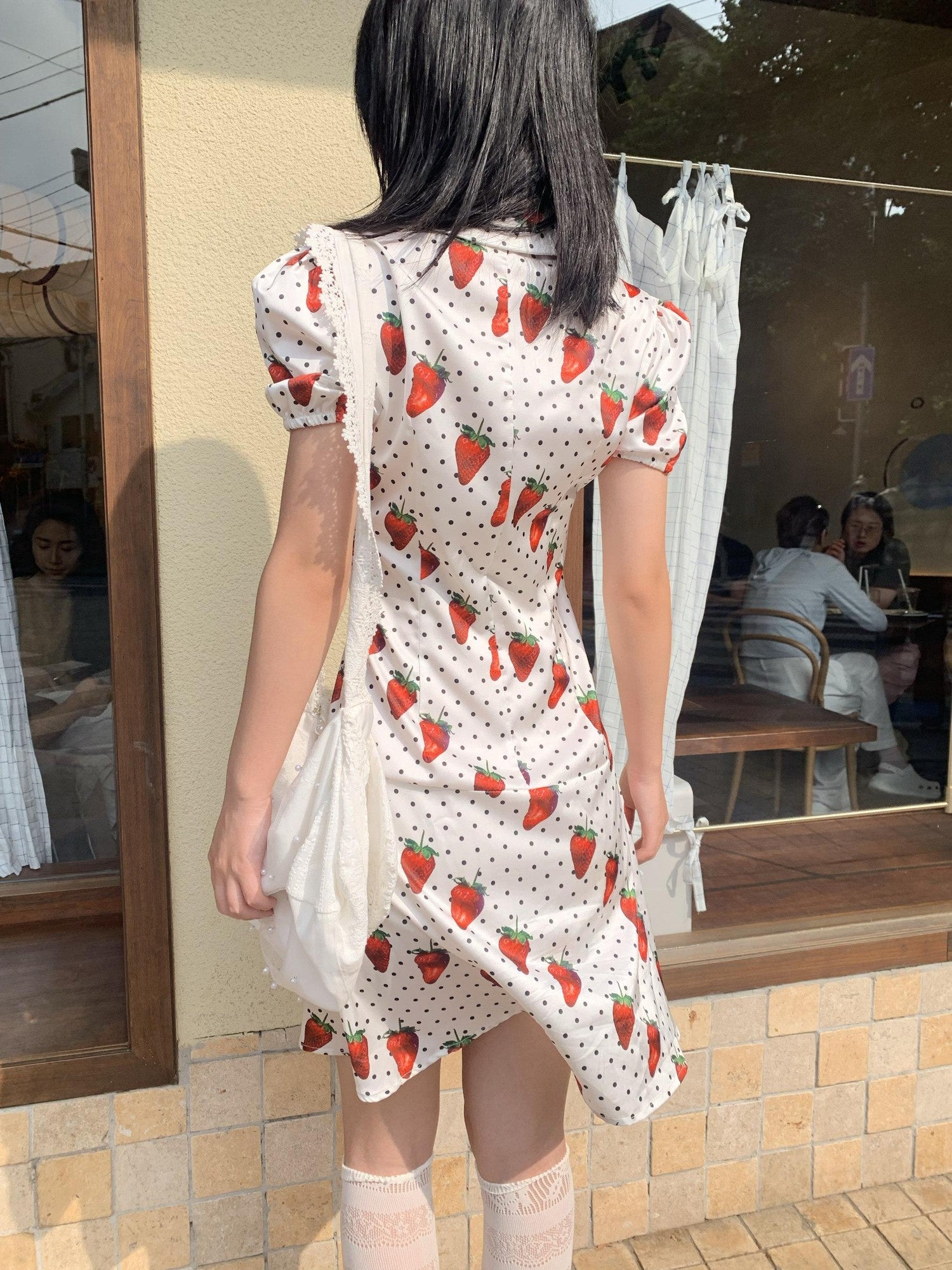 Chipchipshop Strawberry Polka Dot Bubble Sleeve Women&