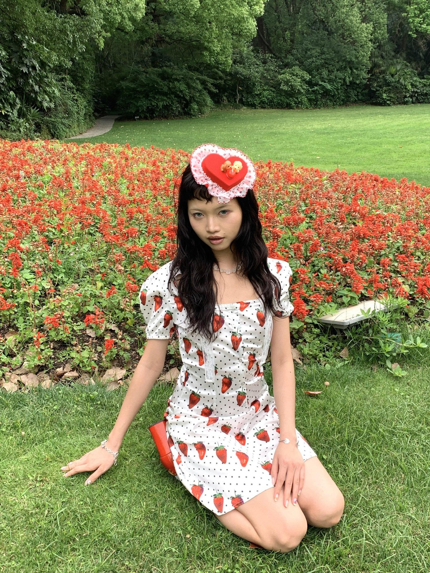Chipchipshop Strawberry Polka Dot Bubble Sleeve Women&