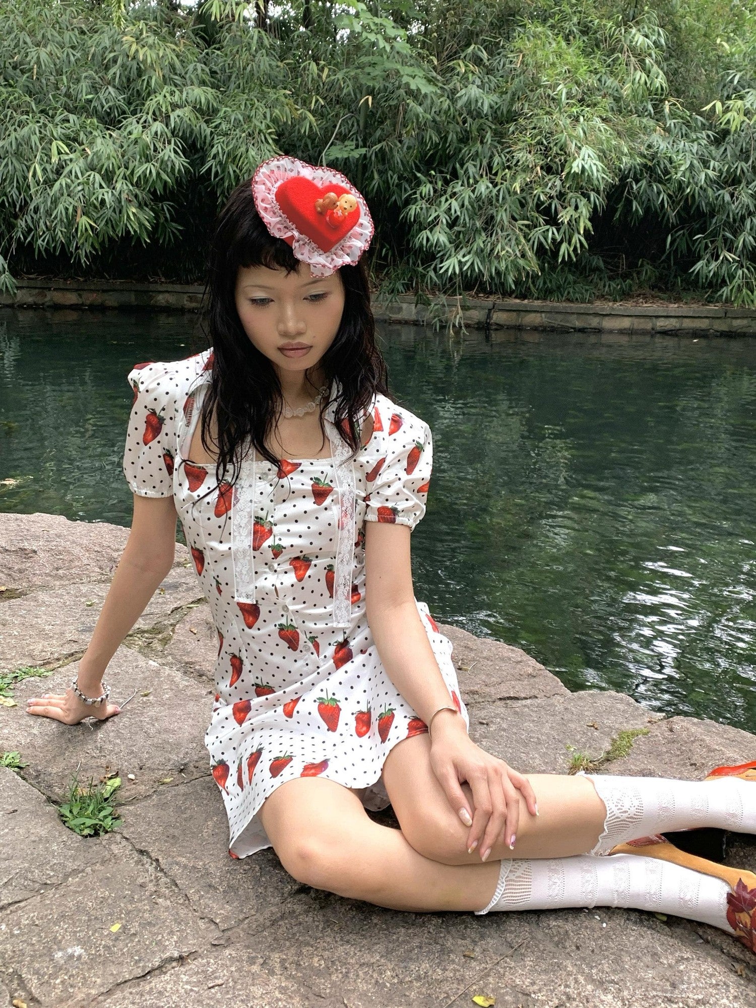 Chipchipshop Strawberry Polka Dot Bubble Sleeve Women&