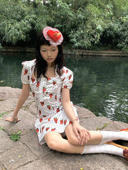 Chipchipshop Strawberry Polka Dot Bubble Sleeve Women&