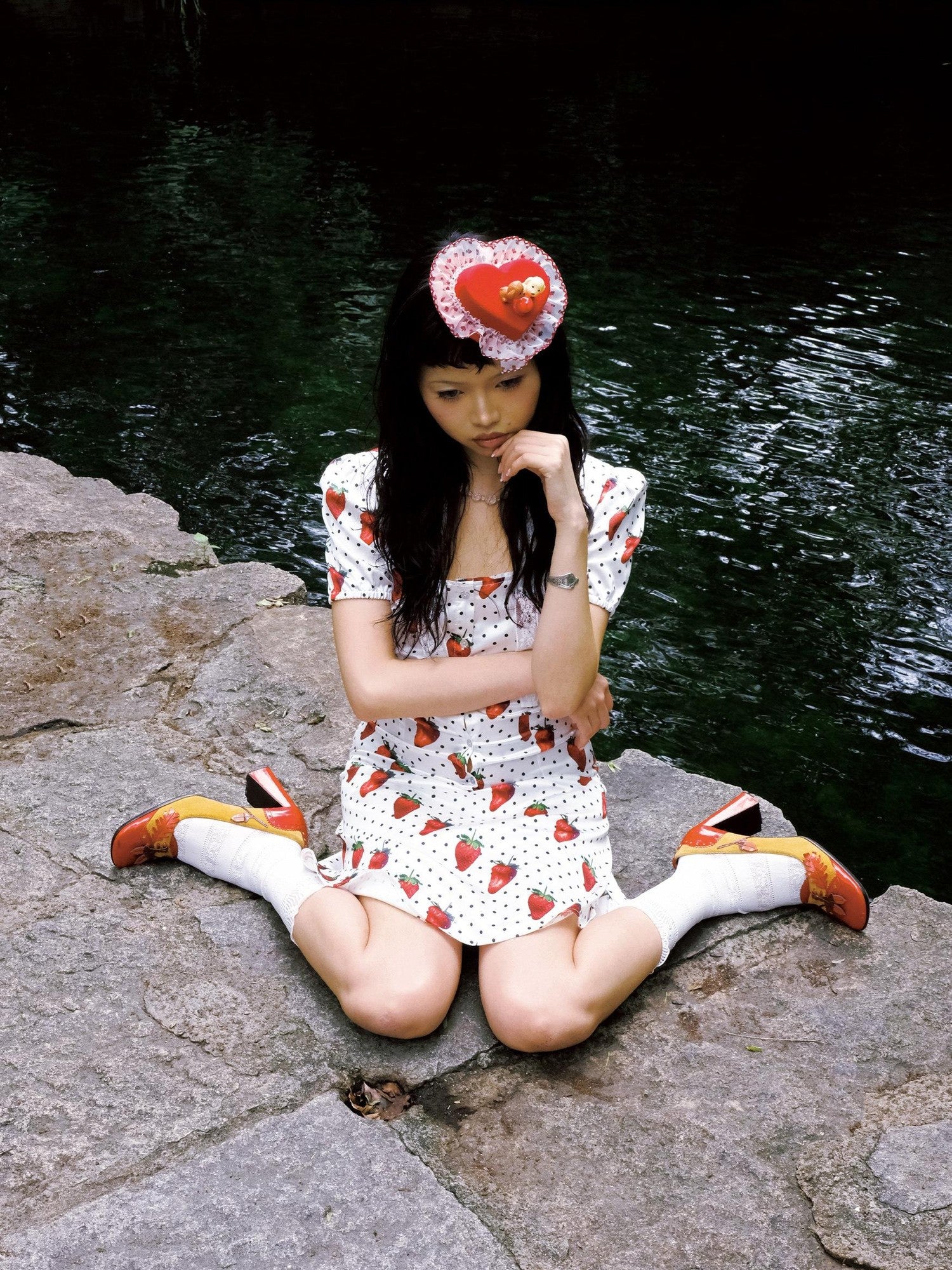 Chipchipshop Strawberry Polka Dot Bubble Sleeve Women&