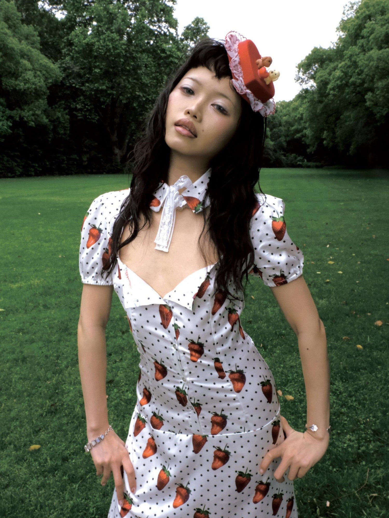 Chipchipshop Strawberry Polka Dot Bubble Sleeve Women&