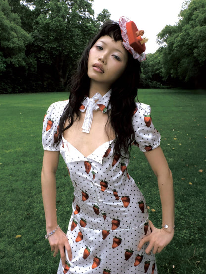 Chipchipshop Strawberry Polka Dot Bubble Sleeve Women&