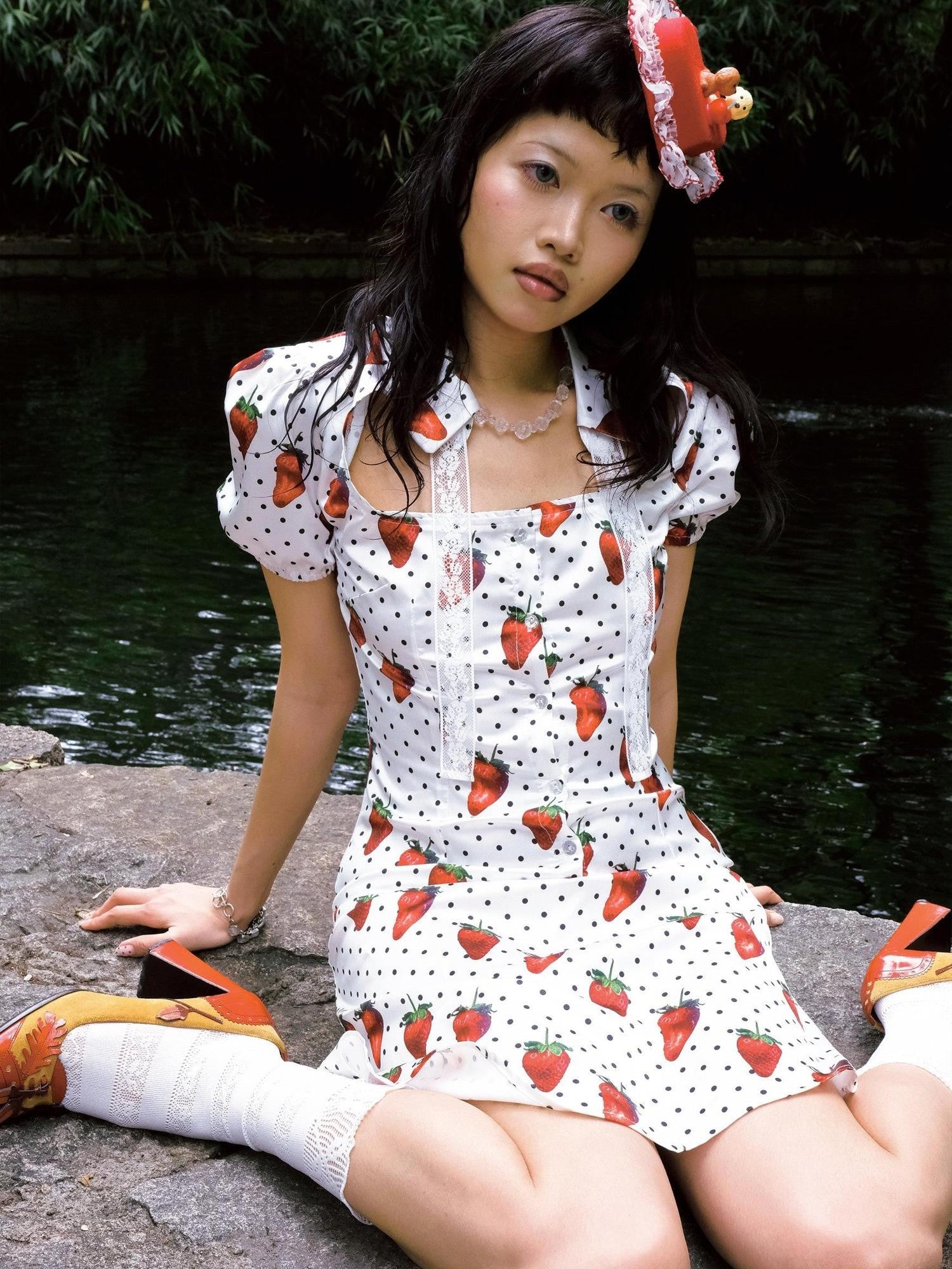 Chipchipshop Strawberry Polka Dot Bubble Sleeve Women&