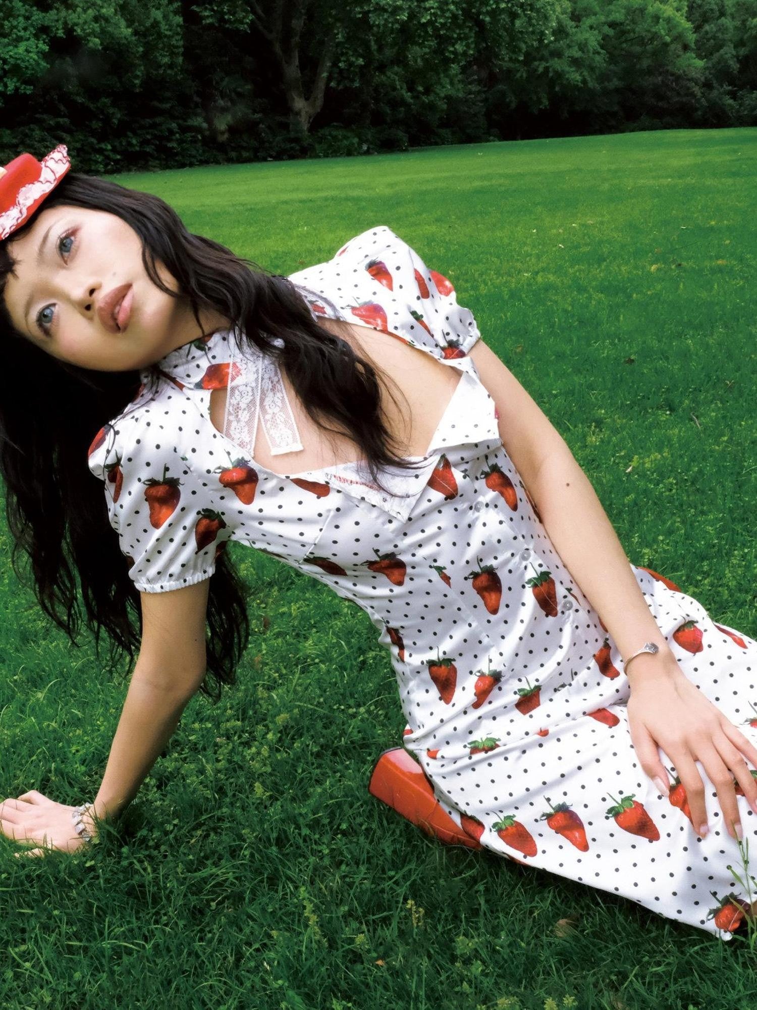 Chipchipshop Strawberry Polka Dot Bubble Sleeve Women&