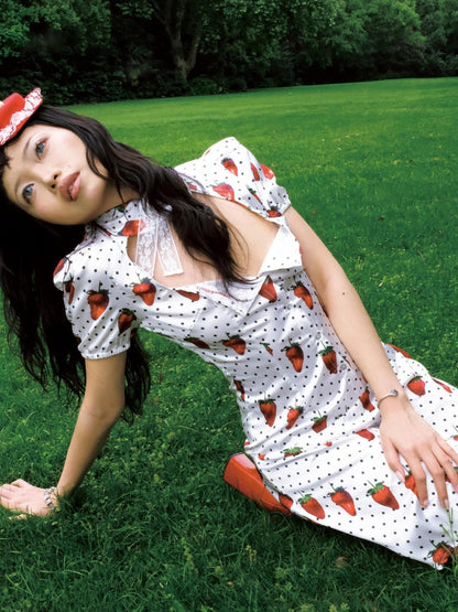 Chipchipshop Strawberry Polka Dot Bubble Sleeve Women&