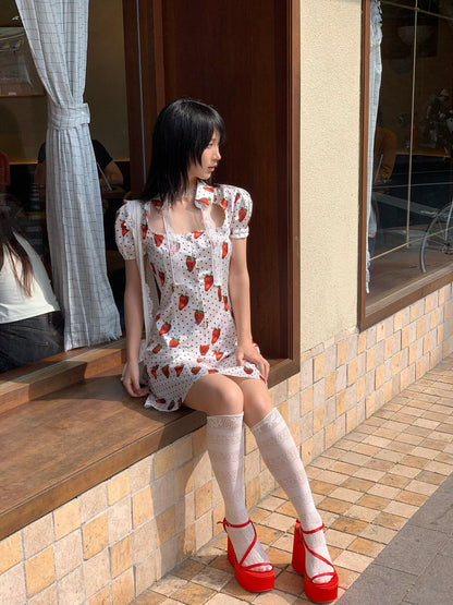 Chipchipshop Strawberry Polka Dot Bubble Sleeve Women&
