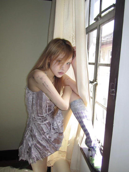 Chipchipshop Velvet Spliced Lace Bias Cut Spaghetti Strap Women&