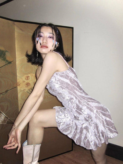 Chipchipshop Velvet Spliced Lace Bias Cut Spaghetti Strap Women&