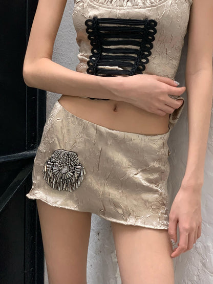 Chipchipshop Vintage Gold Removable Beaded Embroidered Pleated Women&
