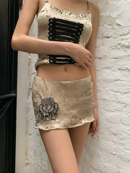 Chipchipshop Vintage Gold Removable Beaded Embroidered Pleated Women&
