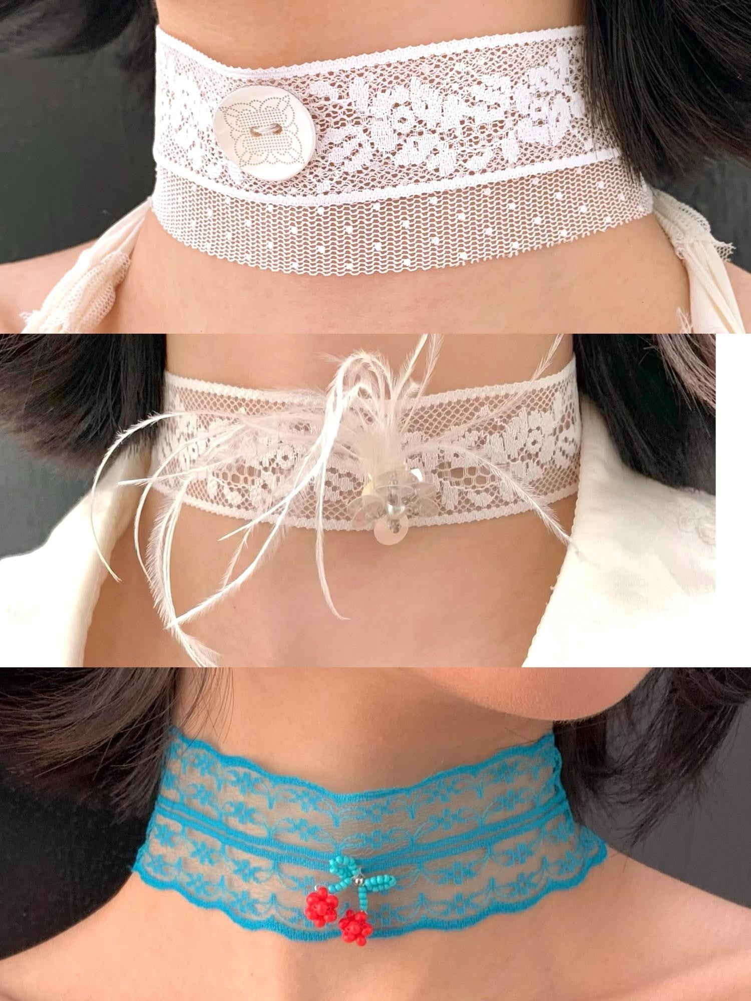 Chipchipshop Vintage Lace Satin Ribbon Feather Accent Lace Button Women&