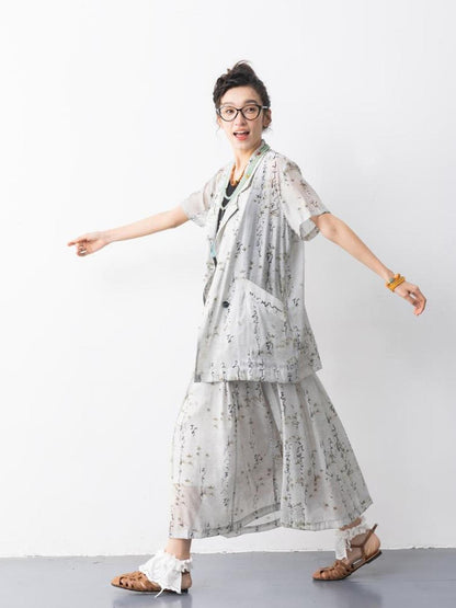 Sweet Mi Chirp Art Ink Sleeveless Suit Set Summer Urban Elegance