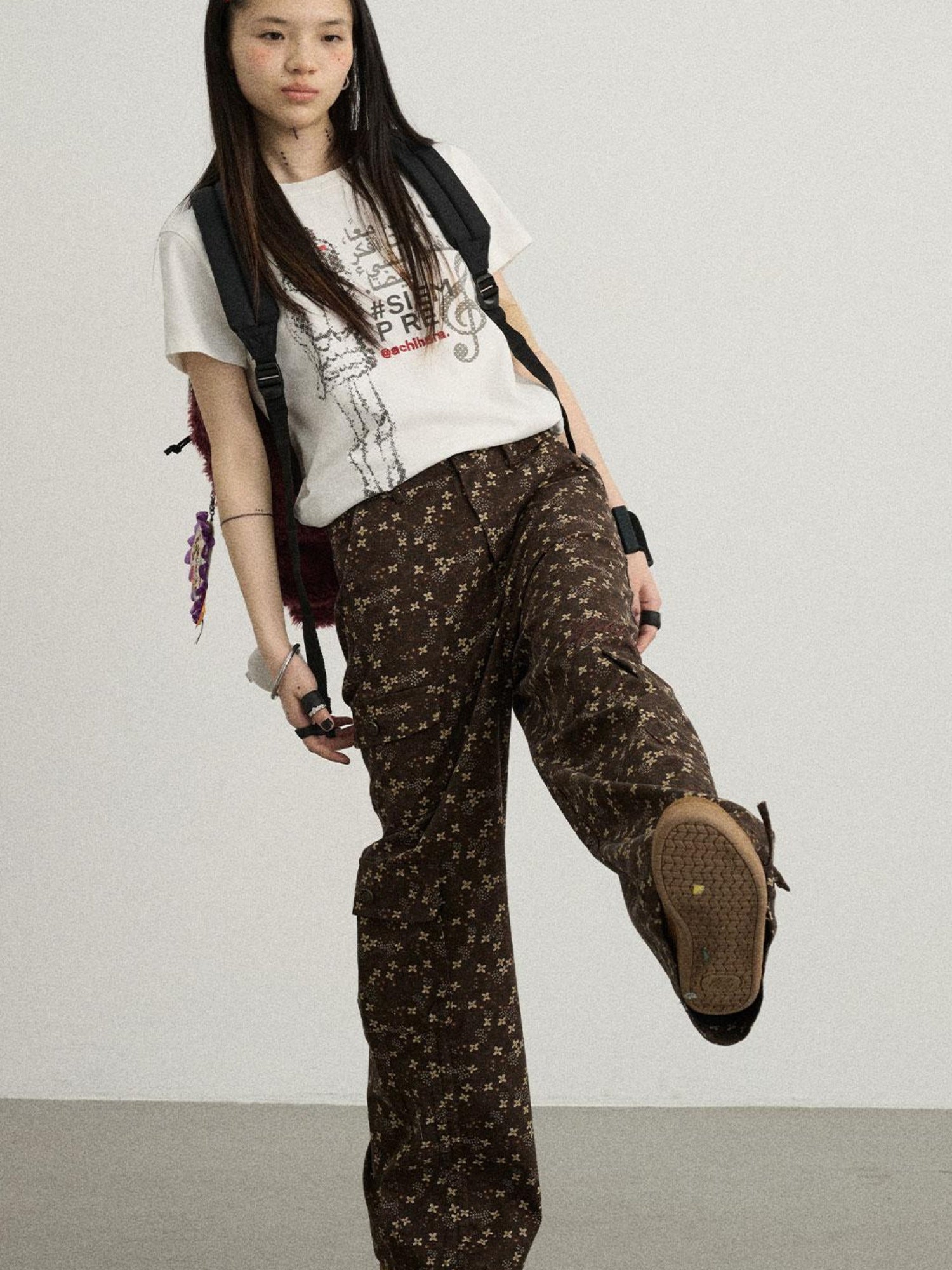 Achihara Chocolate Floral Print Casual Pants