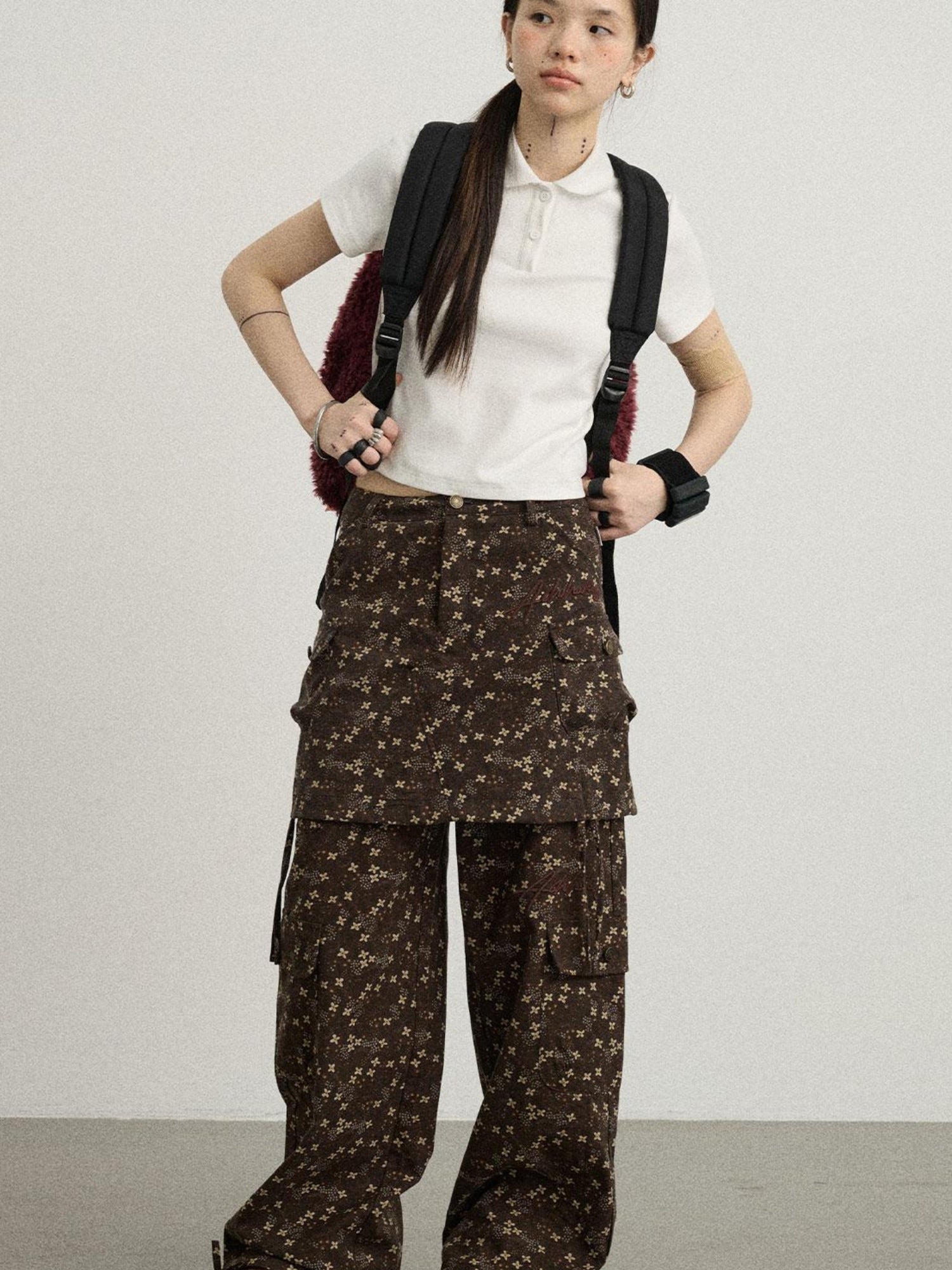 Achihara Chocolate Floral Print Casual Pants
