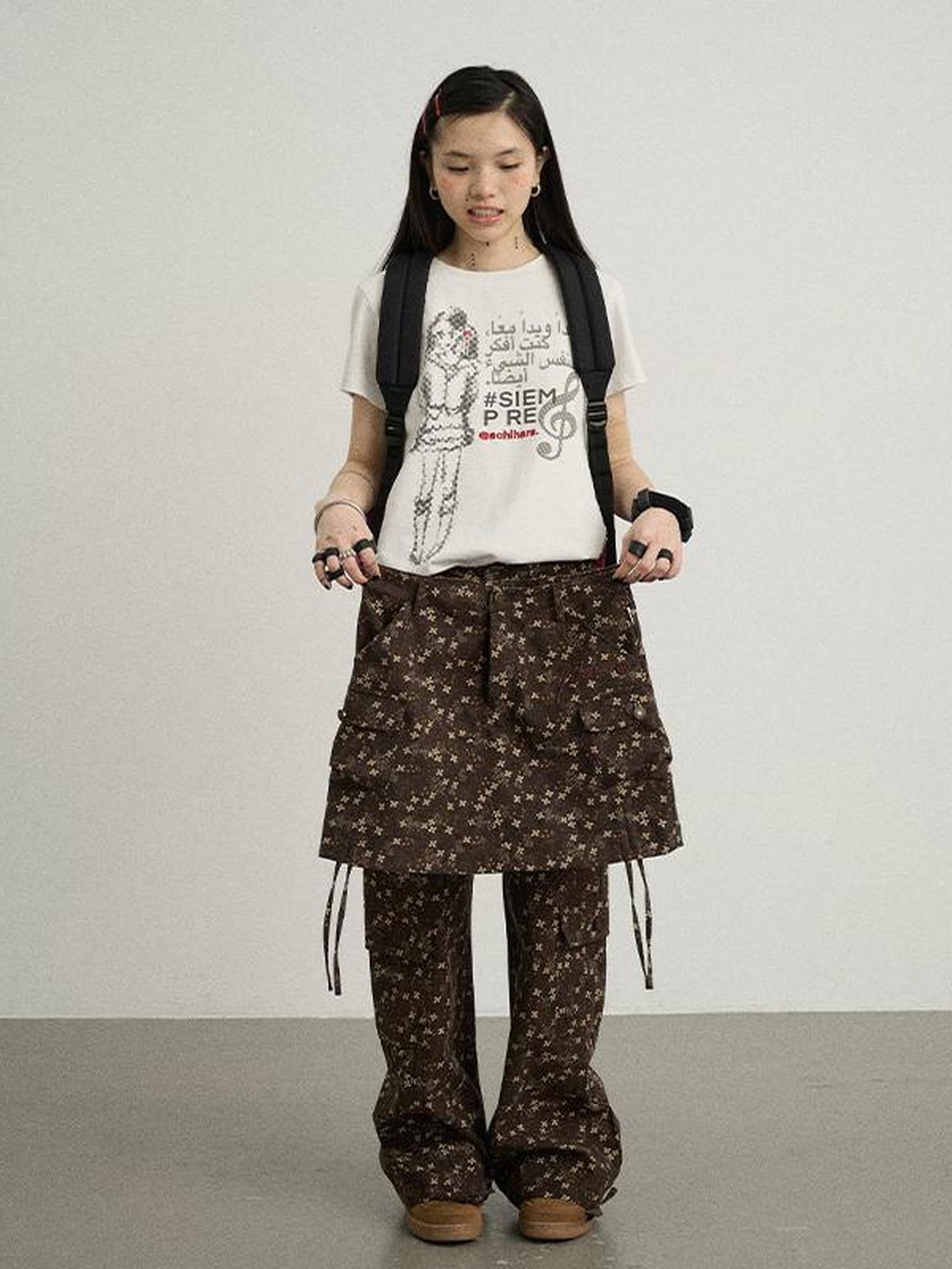 Achihara Chocolate Floral Print Casual Pants