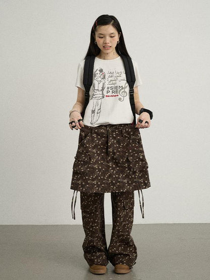 Achihara Chocolate Floral Print Casual Pants