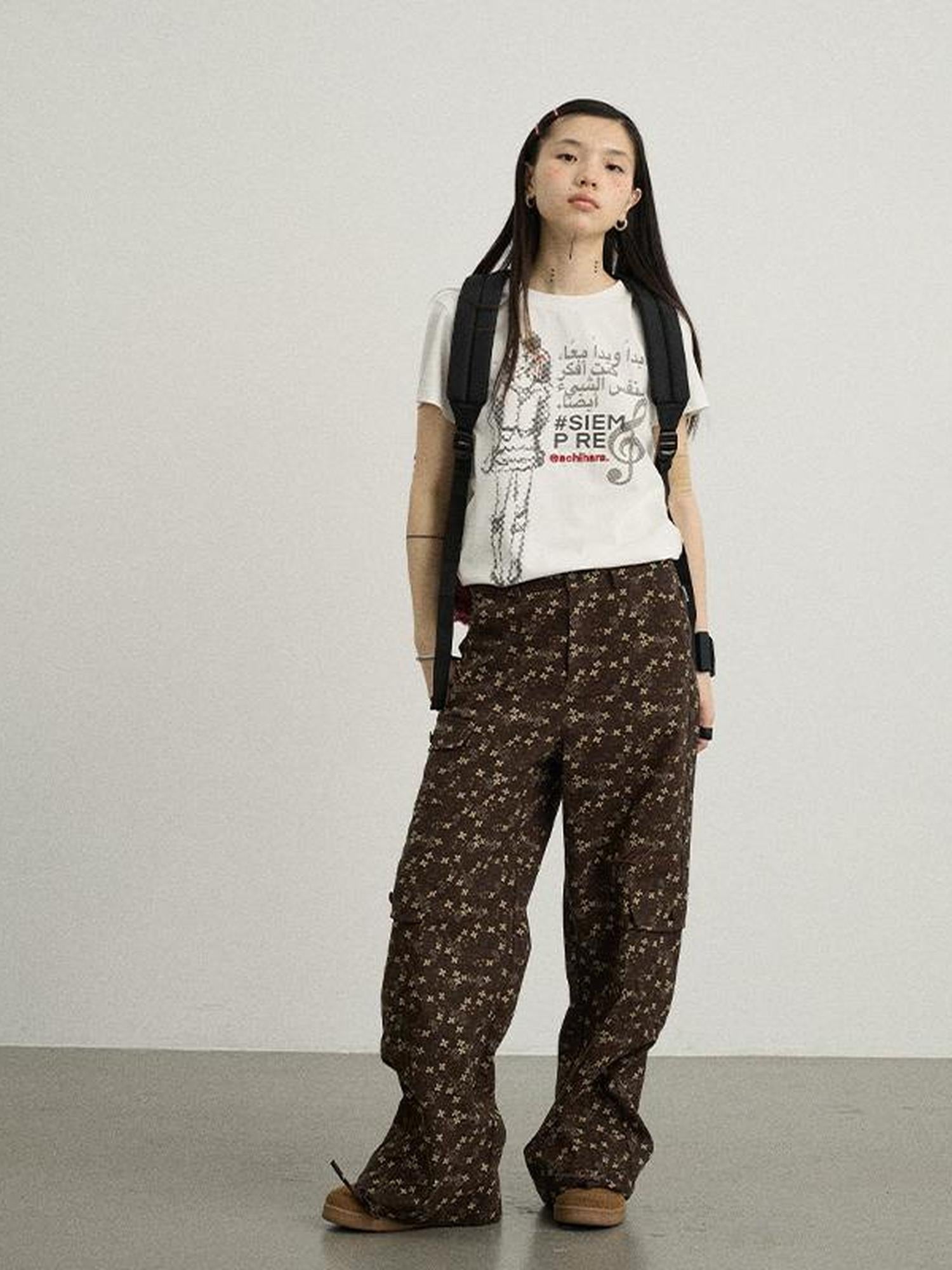 Achihara Chocolate Floral Print Casual Pants