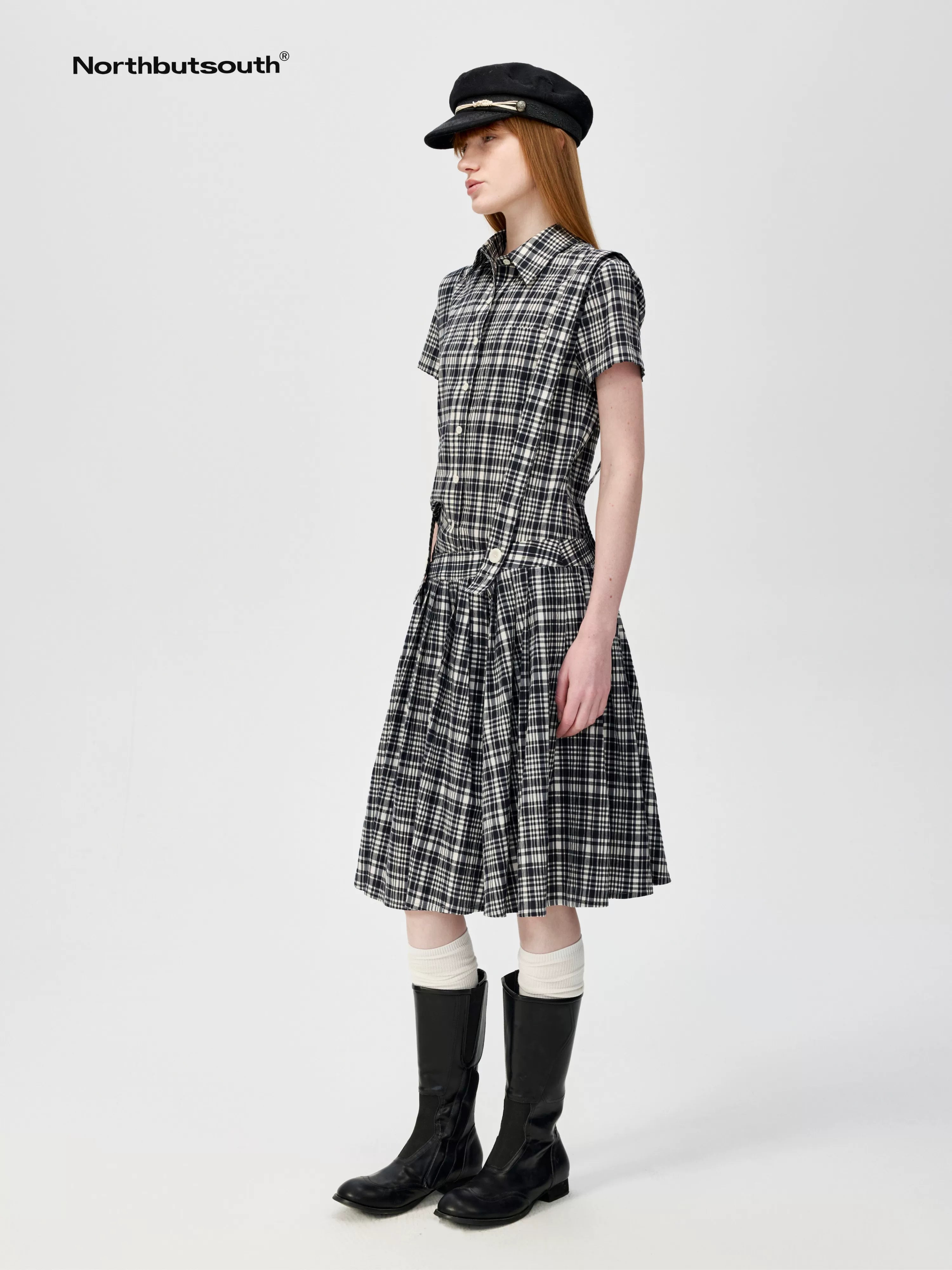 Classic Black And White Check Texture Short Sleeve Shirt And Jumper Set