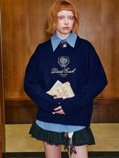 Classic Collar Knit Sweater With Bow Emblem Embroidery