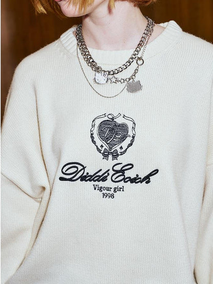 DIDDI MODA Classic Collar Knit Sweater With Bow Emblem Embroidery