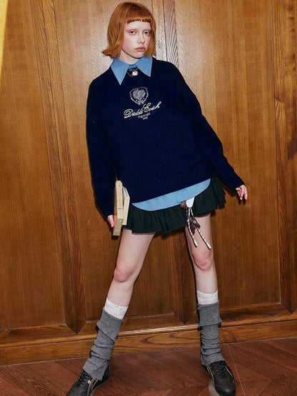 Classic Collar Knit Sweater With Bow Emblem Embroidery