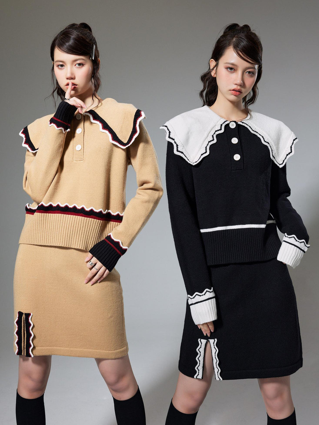 DIDDI MODA Classic Color Block Lace Collar Knit Set