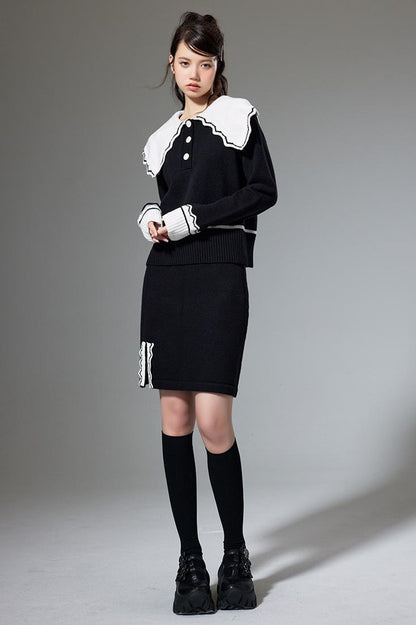 DIDDI MODA Classic Color Block Lace Collar Knit Set