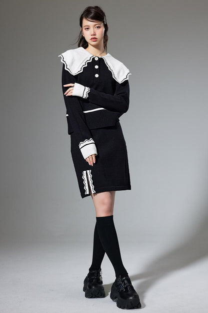 DIDDI MODA Classic Color Block Lace Collar Knit Set