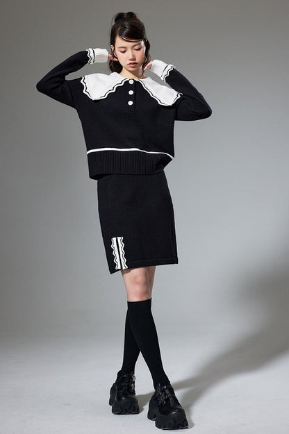 DIDDI MODA Classic Color Block Lace Collar Knit Set
