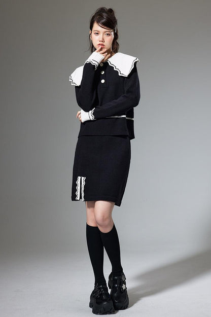 DIDDI MODA Classic Color Block Lace Collar Knit Set